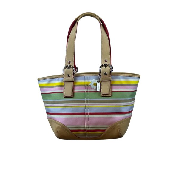 Coach Women’s Multicolor Canvas & Leather Striped With Daisy Charm Tote Bag Sz M - Picture 9 of 15